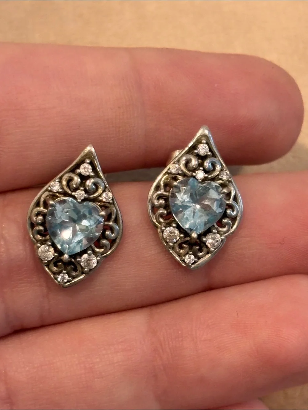 Vintage 925 Sterling Silver Aquamarine Heart Filigree Stud Earrings